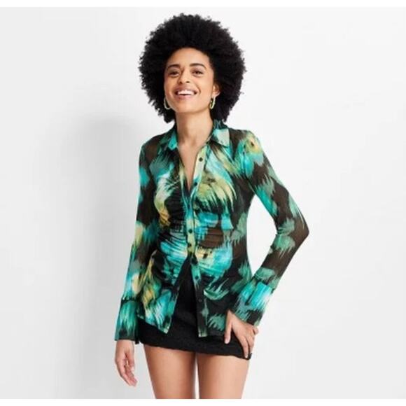 Future Collective Tops - Future Collective Mesh Top Blue Yellow Green Ombre Sheer Button Down Medium